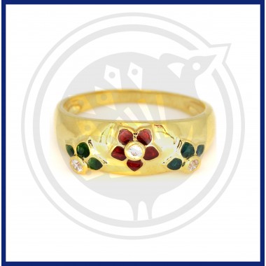 22K Gold Red Enamel Fancy Ring with Single Stone