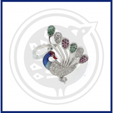 92.5 Multi Stoned Peacock Desing Silver Ring For Girls