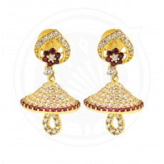 22k Gold White And Red Zircon Jhumki Stud With Drops